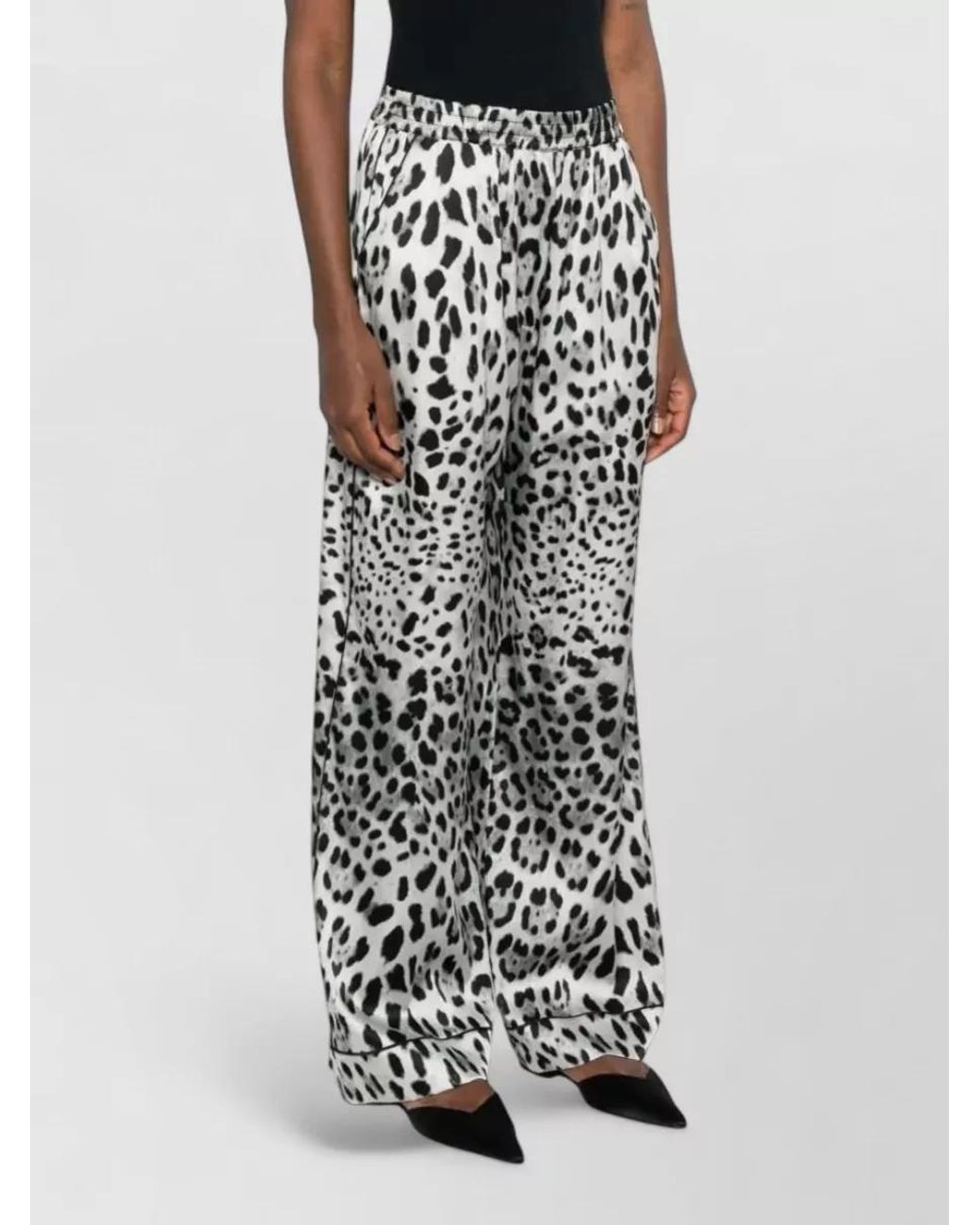 Dolce & Gabbana White Silk Leopard-Print Wide-Leg Palazzo Trousers