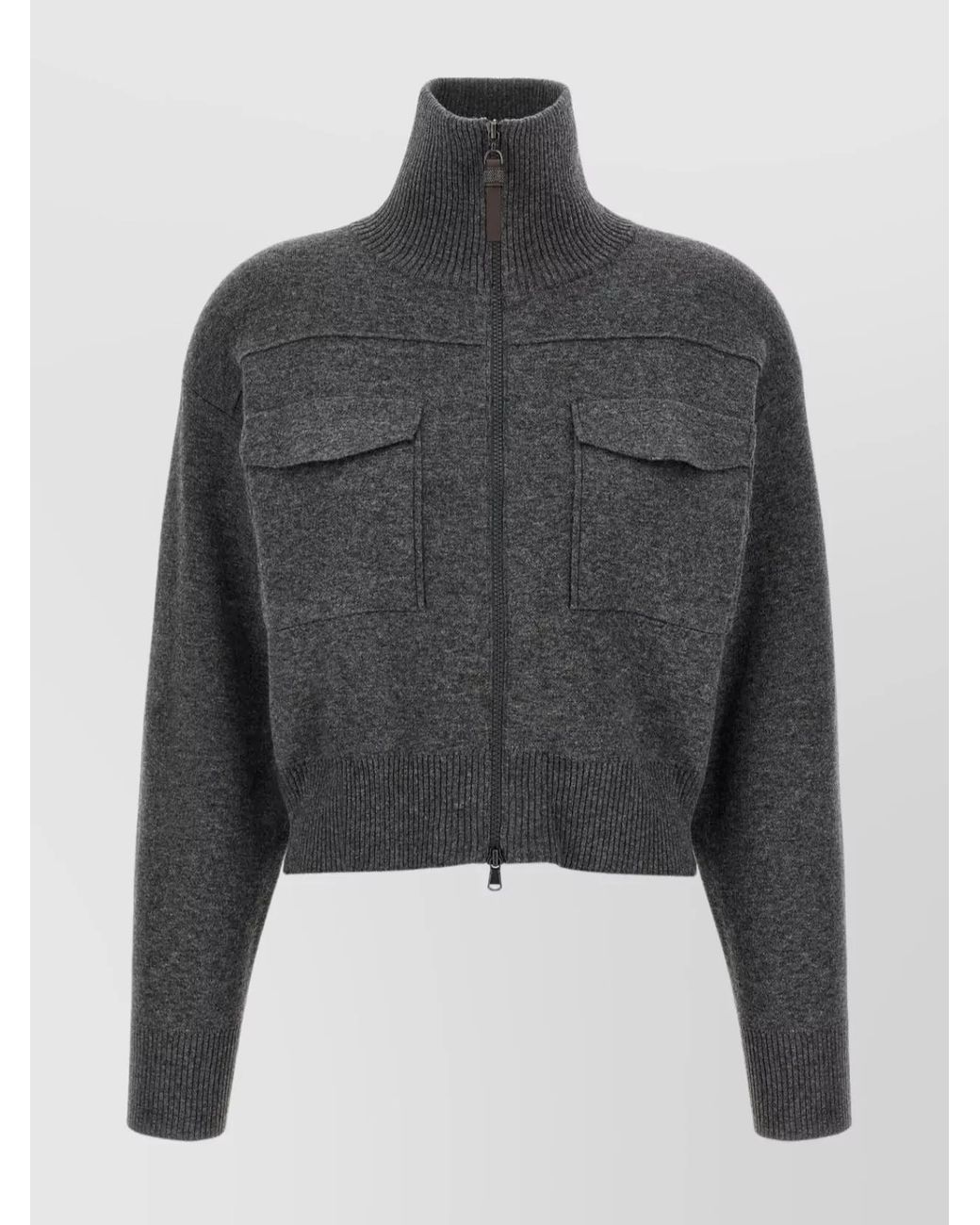 Brunello Cucinelli Gray 'Shiny Zipper Pull' Wool Cardigan