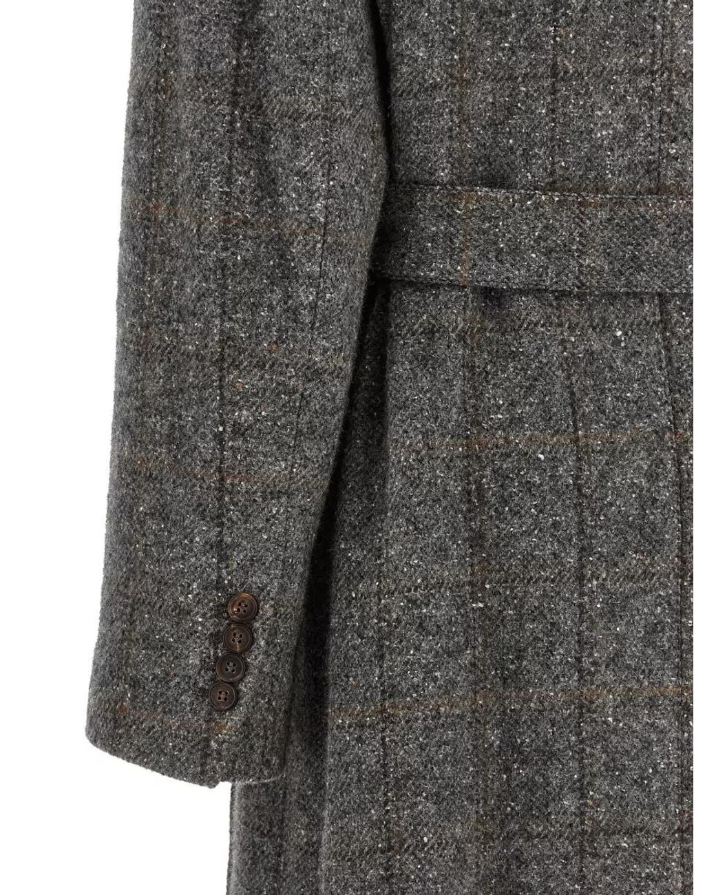 Brunello Cucinelli Gray Alpaca Blend Check Double Breasted Belted Coat