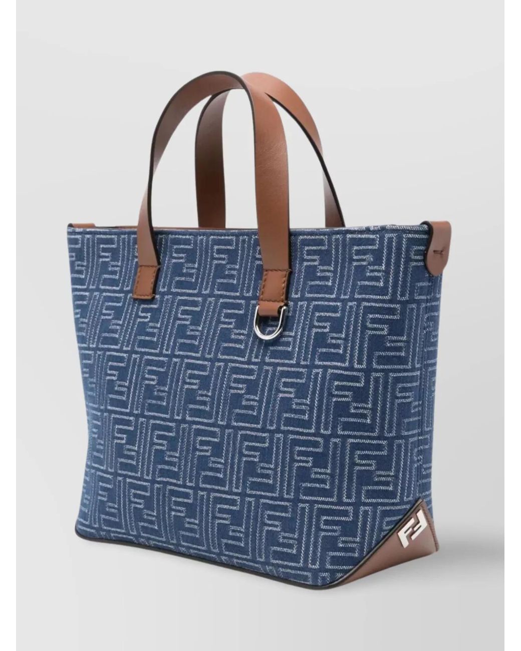 Fendi Blue Cotton Denim-Effect Jacquard Small Tote Bag for men