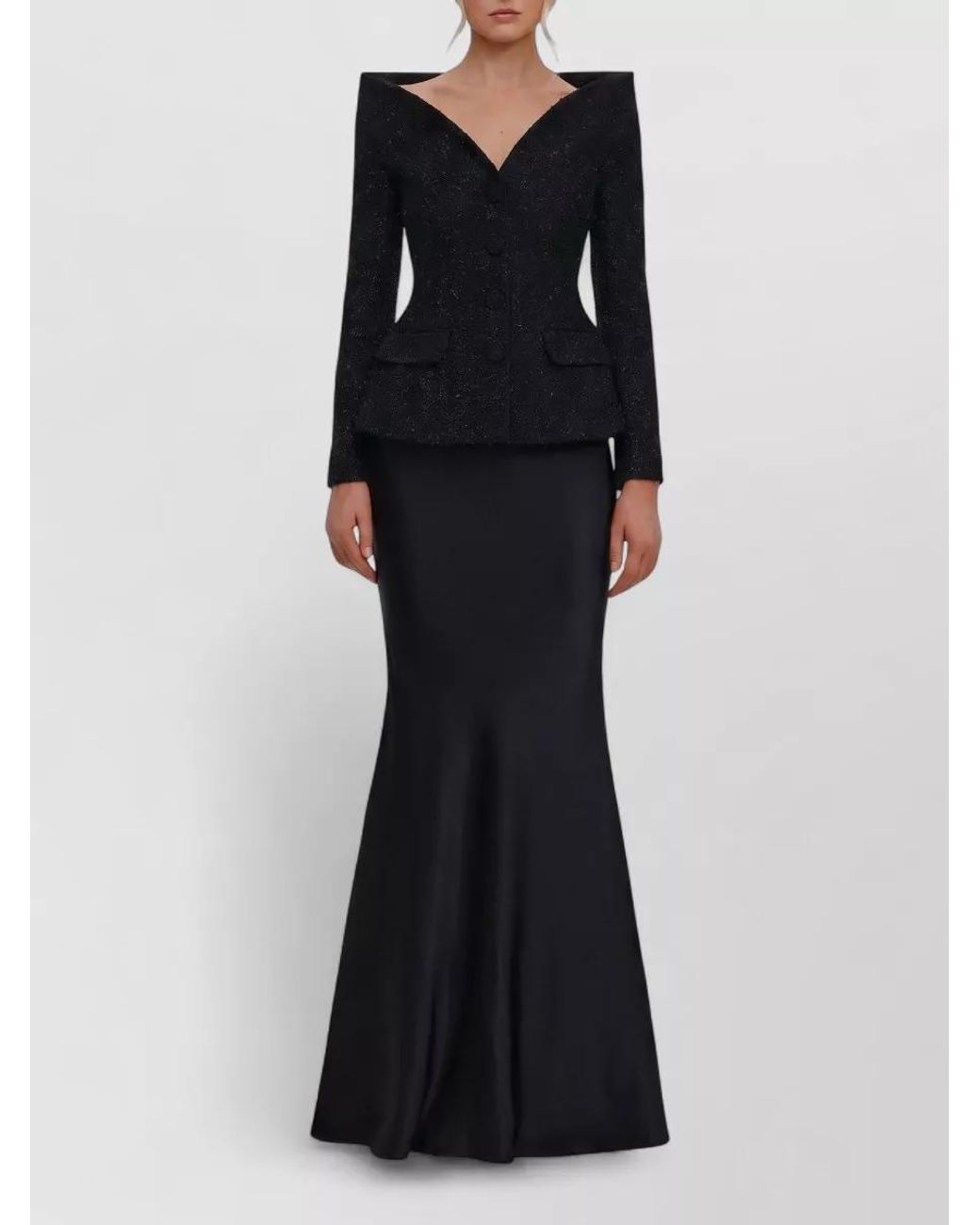 Self-Portrait Black Metallic Bouclé Satin Maxi Dress