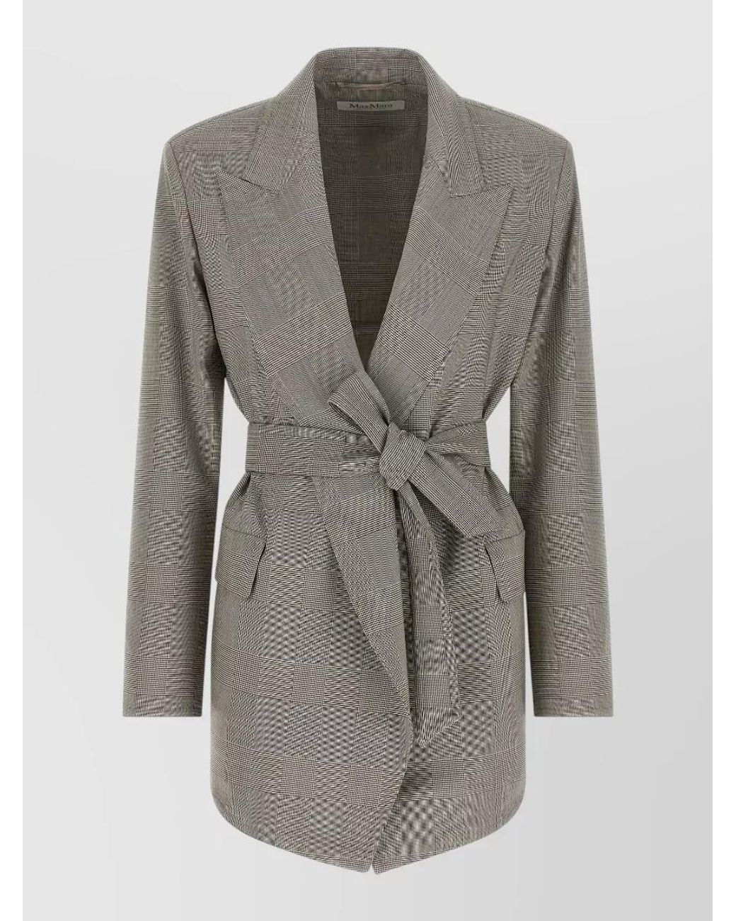Max Mara Gray Wool Prince Of Wales Belted Wrap Blazer