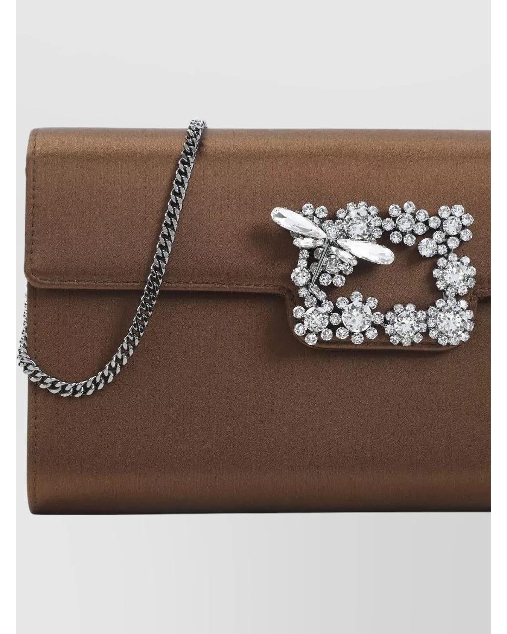 Roger Vivier Brown Satin Crystal-Embellished Envelope Clutch Bag