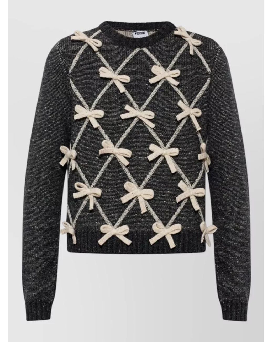 Moschino Gray Silk Wool Diamond Knit Bow Sweater