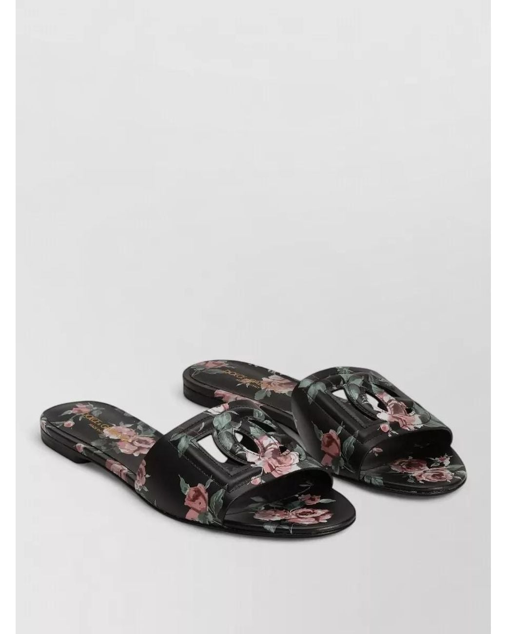 Dolce & Gabbana Gray Floral Leather Flat Slides