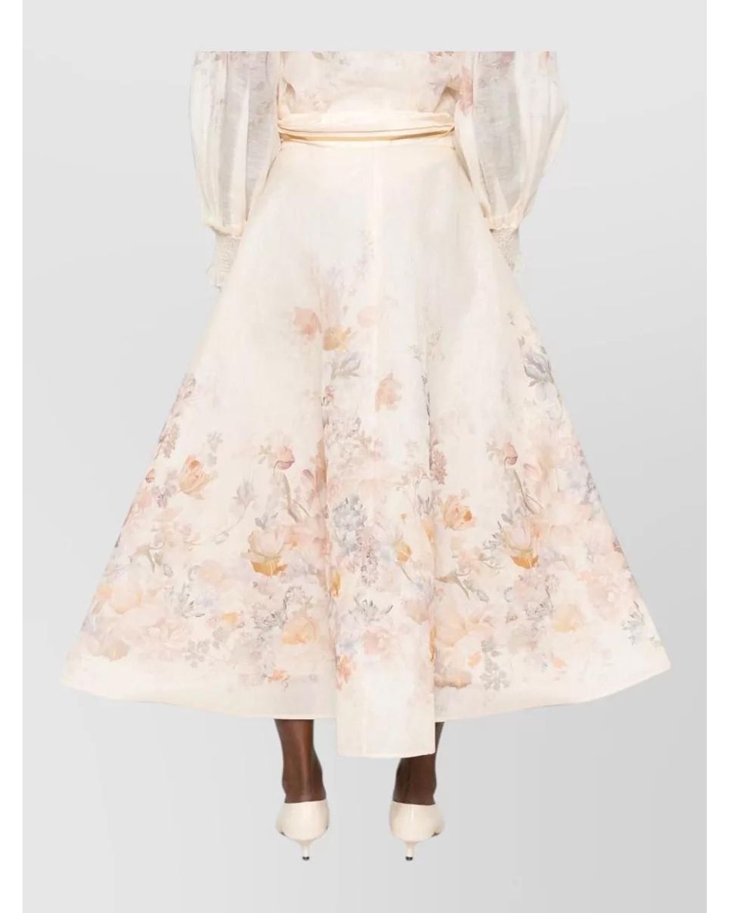 Zimmermann Natural Linen And Silk Floral Print High Waisted A Line Midi Skirt