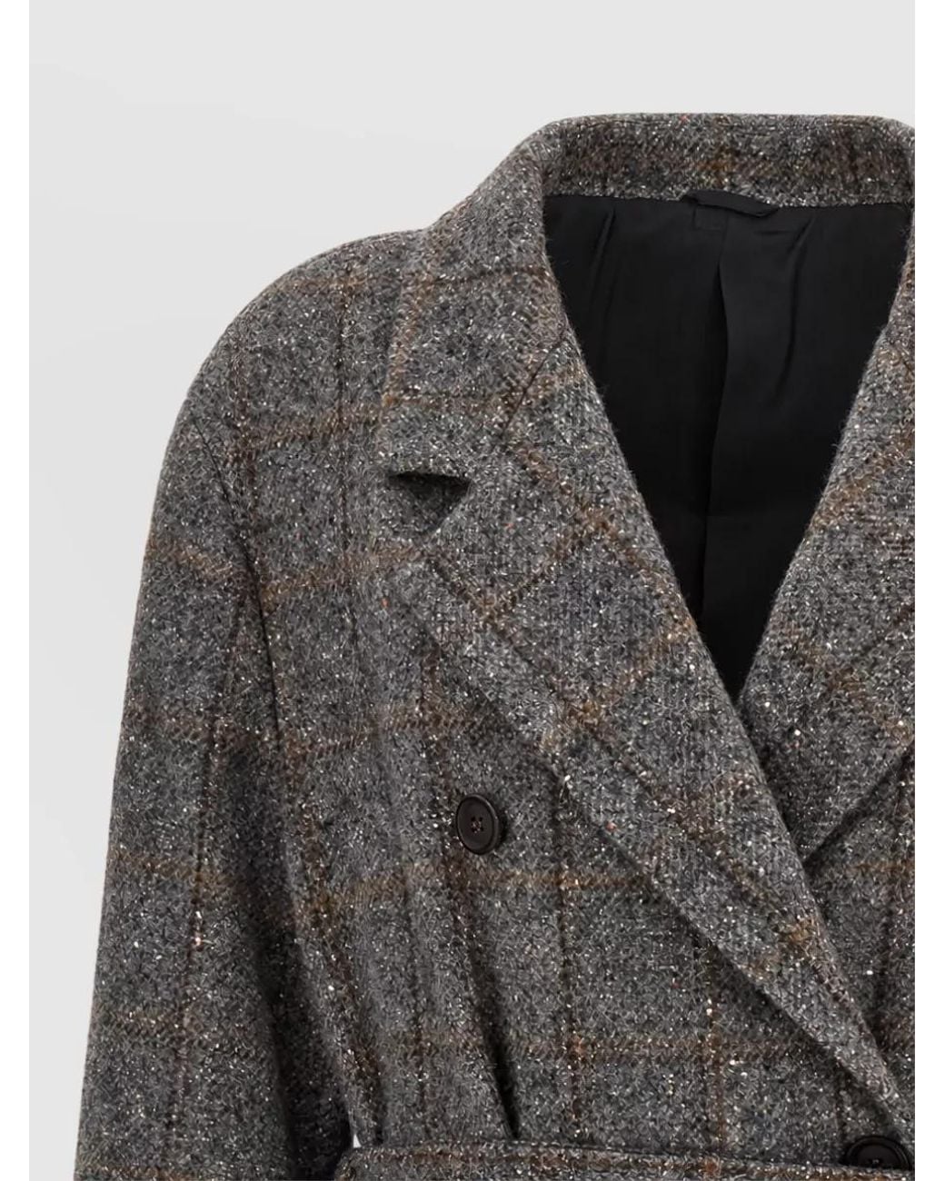 Brunello Cucinelli Gray Alpaca Blend Check Double Breasted Belted Coat