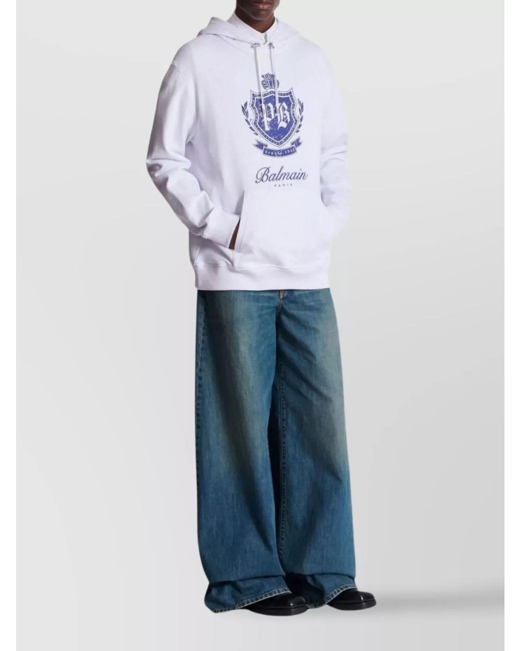 Balmain White Cotton Emblem Print Hoodie for men