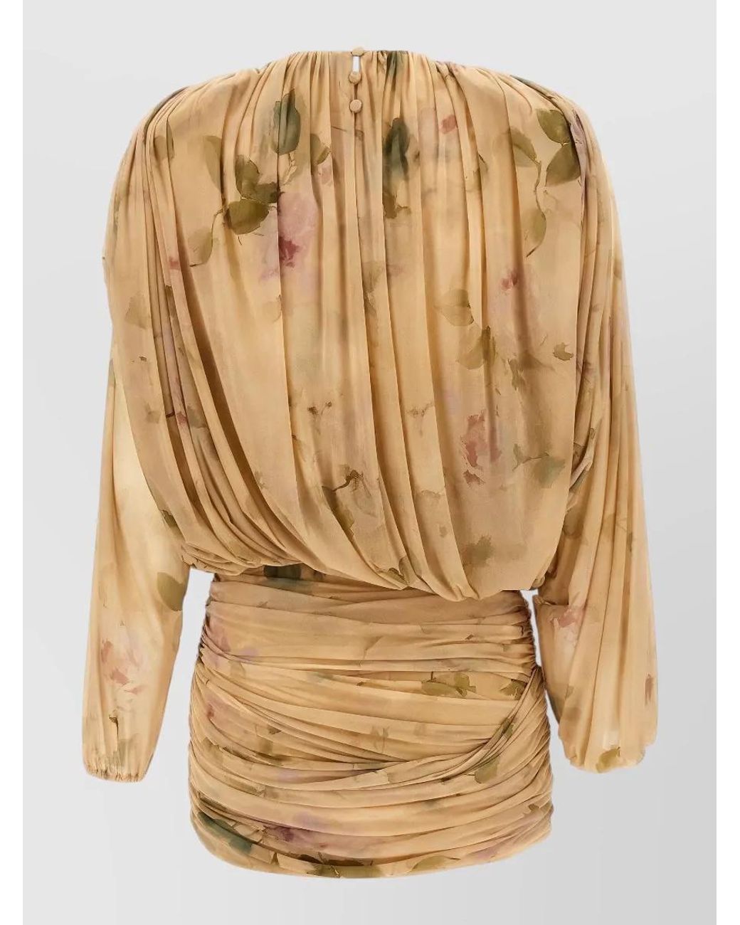 Magda Butrym Natural Floral-Print Draped Long-Sleeve High-Neck Mini Dress