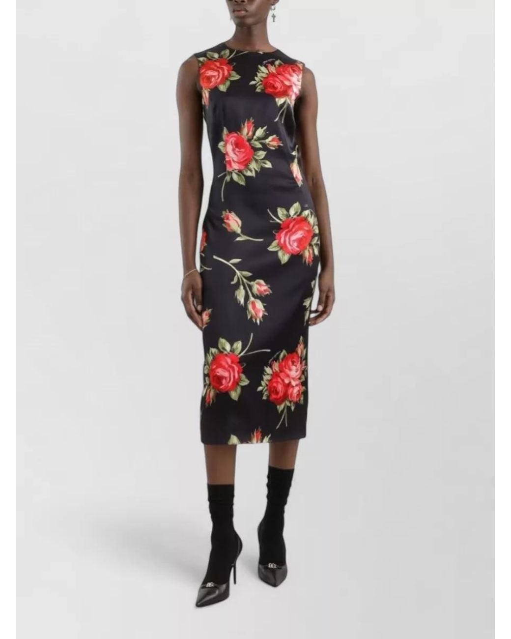 Dolce & Gabbana White Rose Bouquet-Print Satin Dress