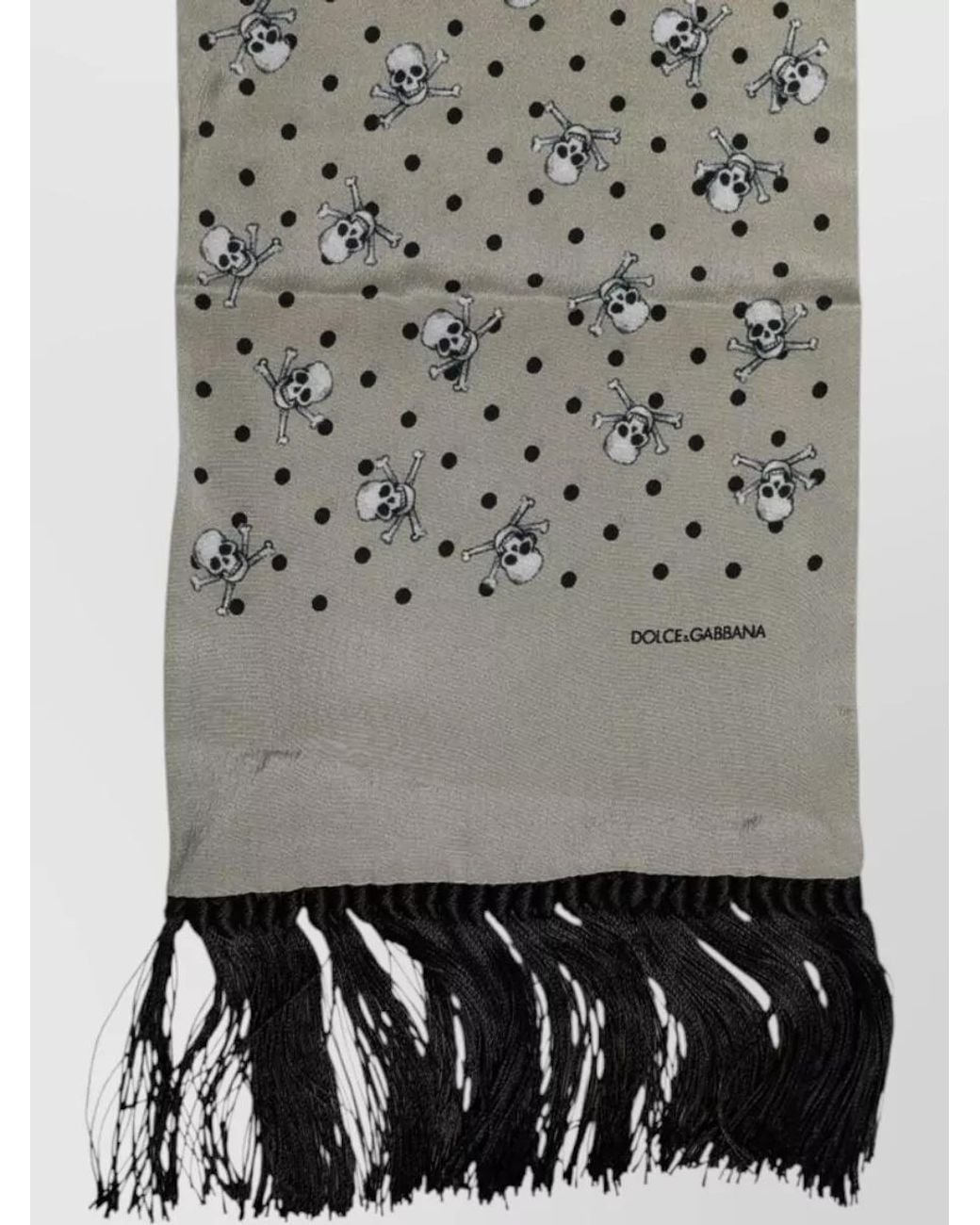 Dolce & Gabbana White Silk Skull Print Fringed Scarf for men