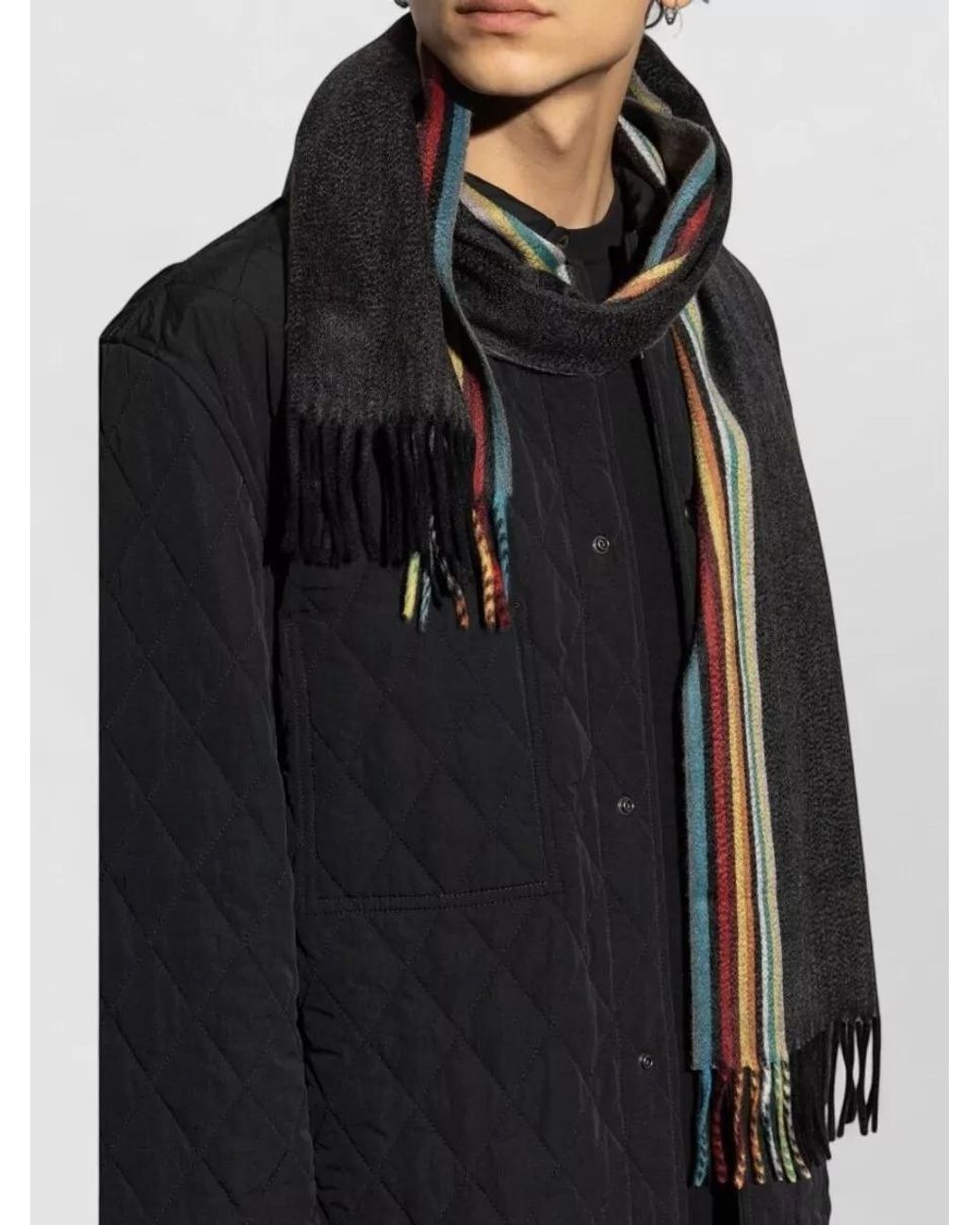 Paul Smith Black Striped Fringed Cashmere Scarf for men