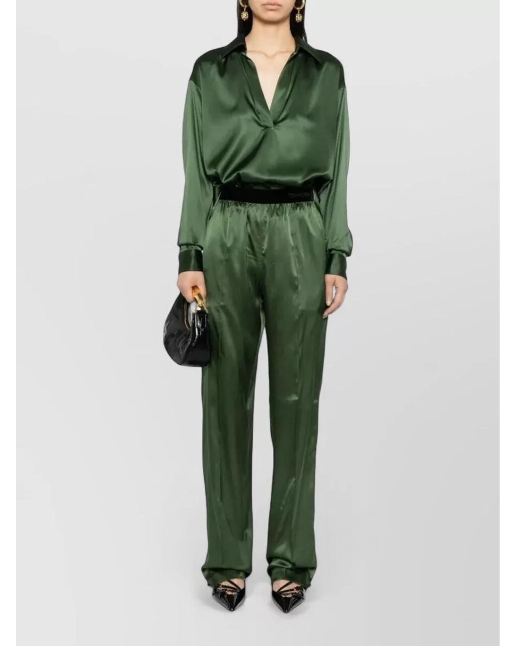 Tom Ford Green Silk Satin Stretch Long-Sleeve Polo Shirt