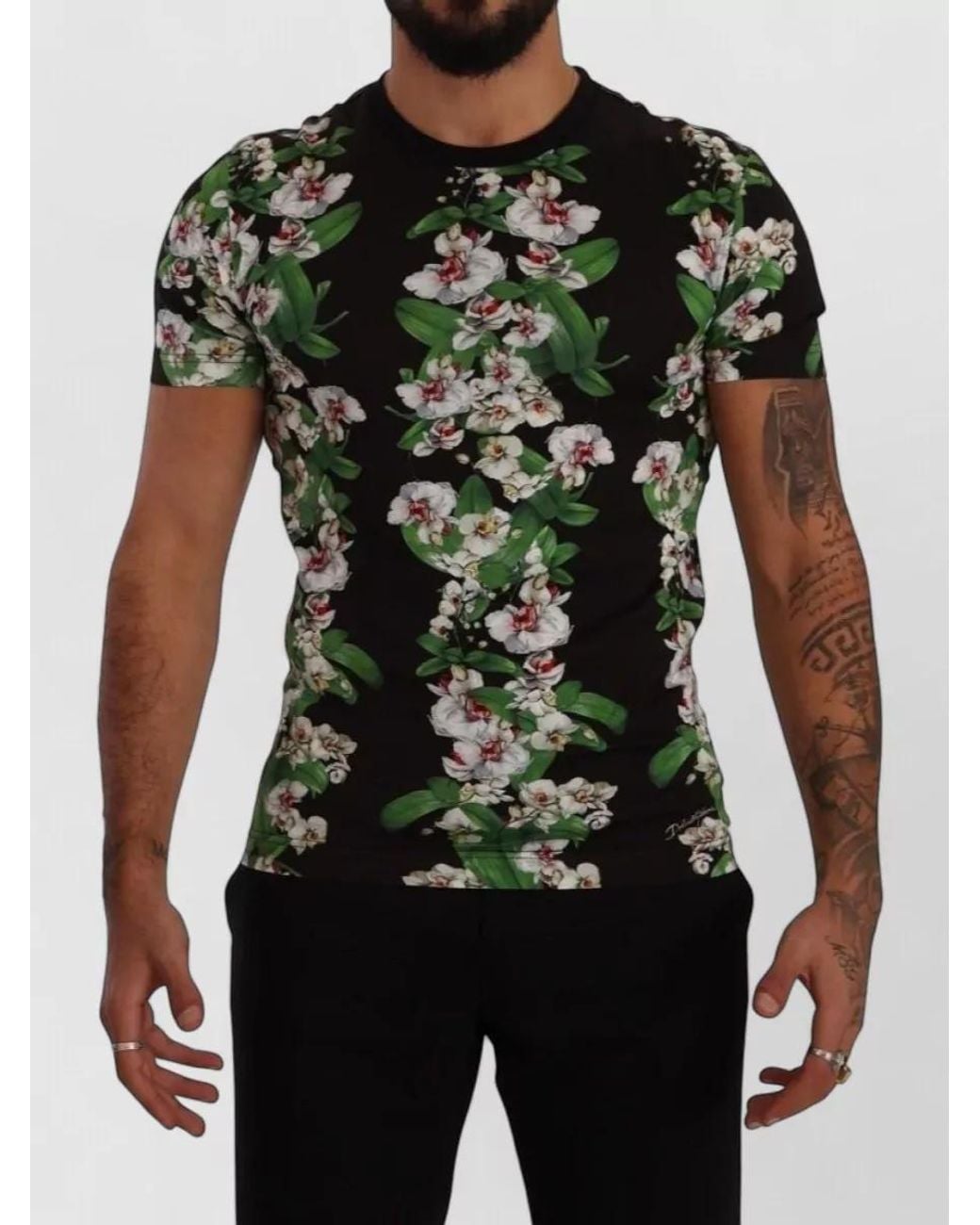 Dolce & Gabbana Green Floral Print Slim-Fit Cotton T-Shirt for men