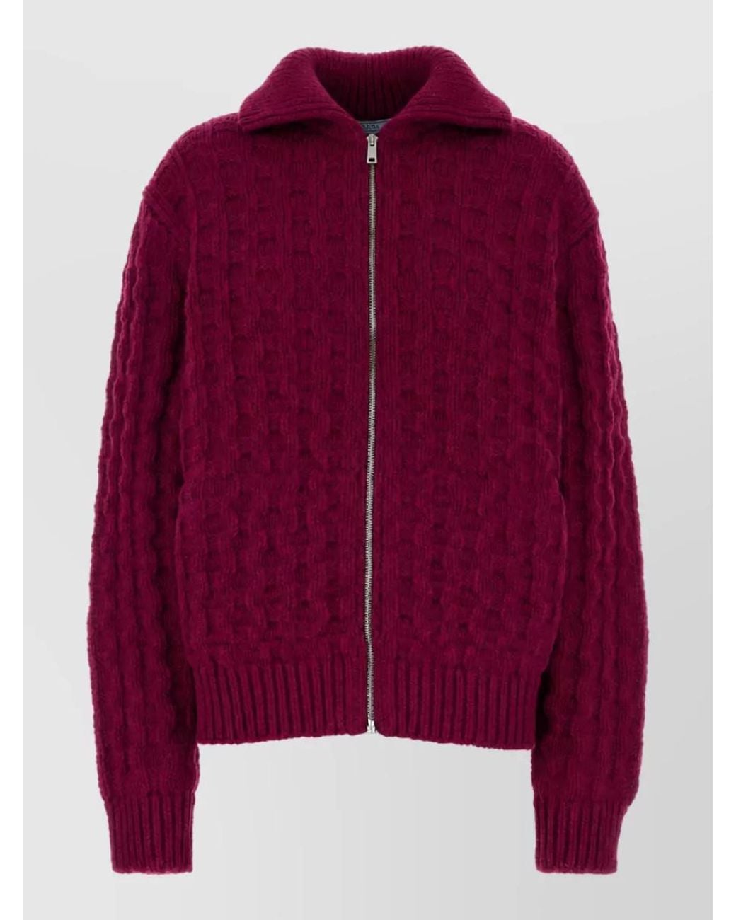Prada Red Virgin Wool Chunky Cable Knit Funnel Neck Zip Up Cardigan