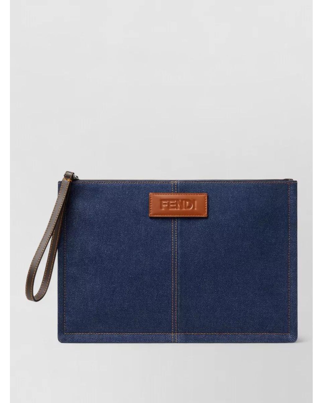 Fendi Blue Medium Flat Pouch Contrast Stitching Wrist Strap for men