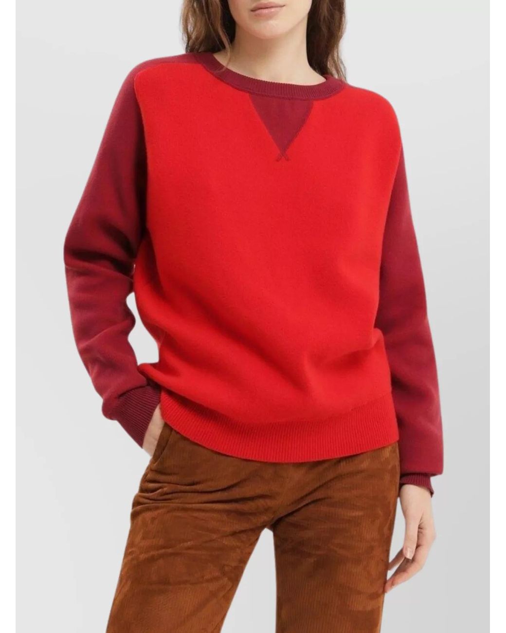 1989 STUDIO Red Wool Color Block Crew Neck Sweater