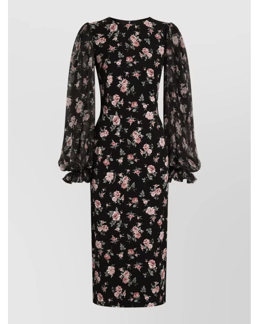 Dolce & Gabbana Black Silk Floral-Print Long-Sleeve Midi Dress