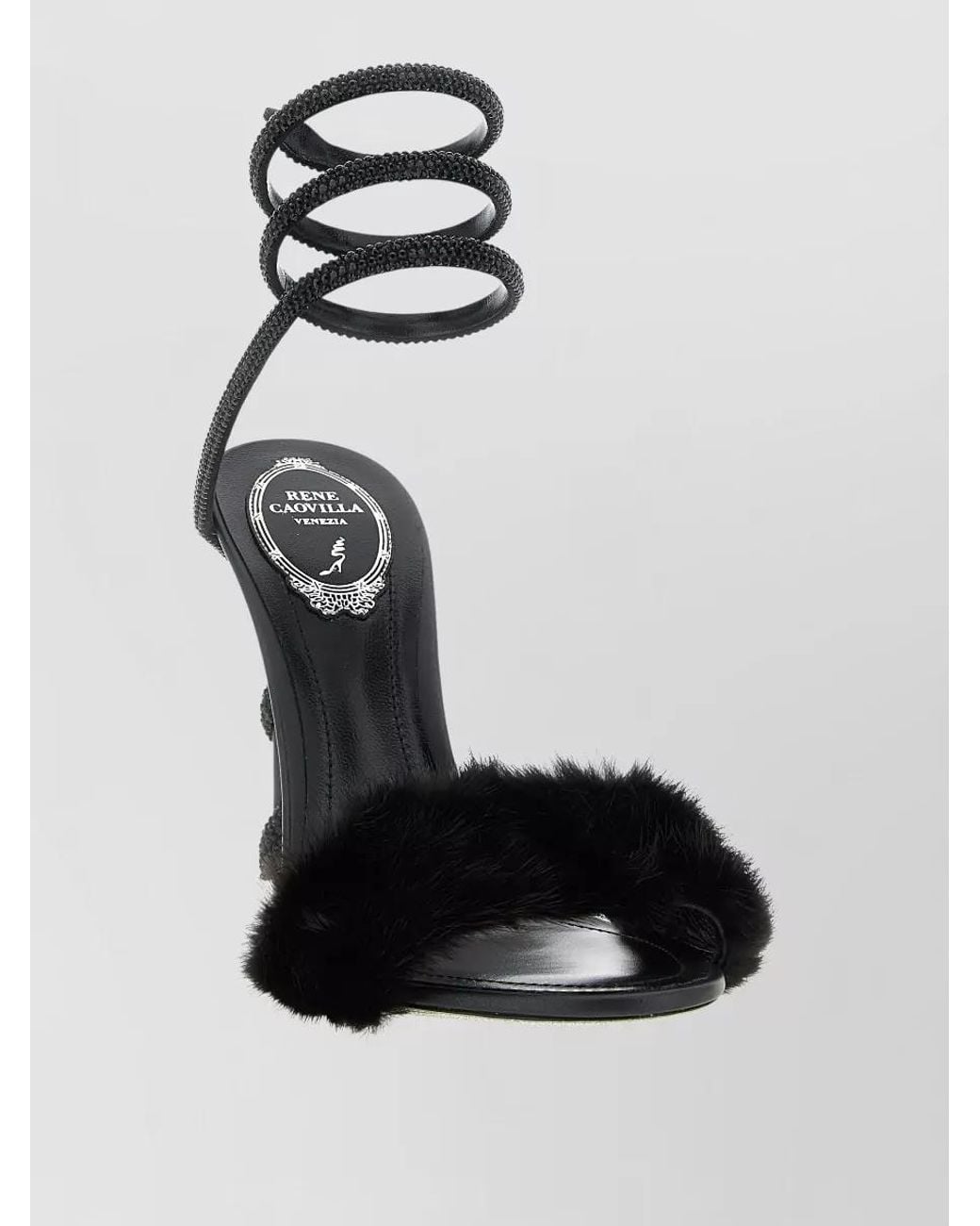 Rene Caovilla Black Leather Crystal Embellished Fur Strap Sandals