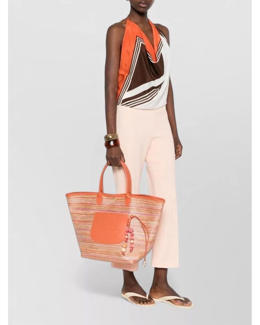 Longchamp Orange Raffia-Effect Canvas Tote Bag