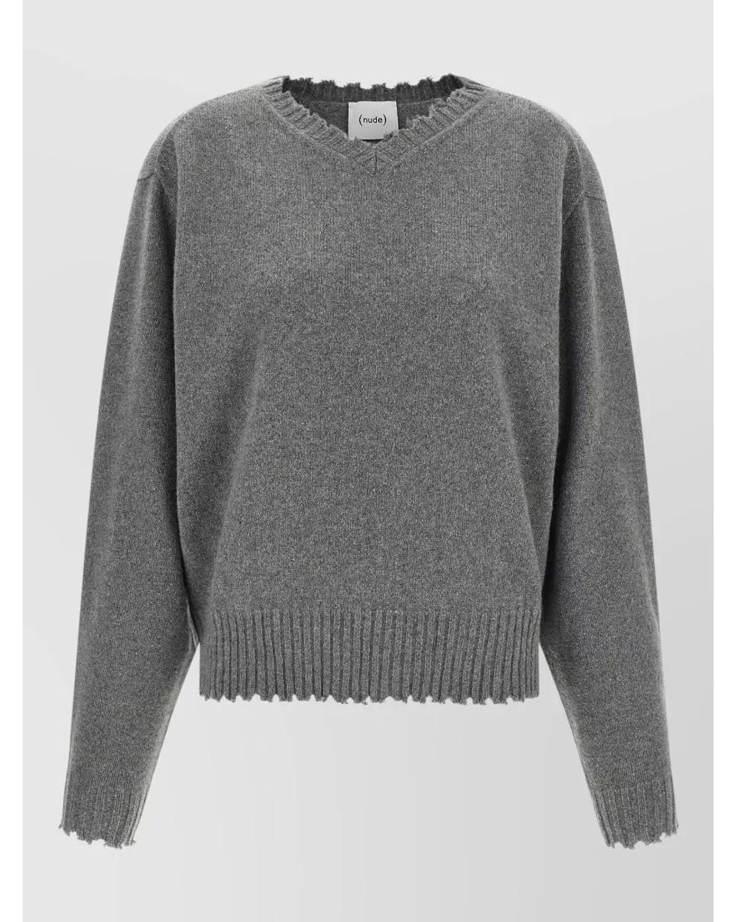 Nude Gray Cashmere V-Neck Frayed-Hem Sweater