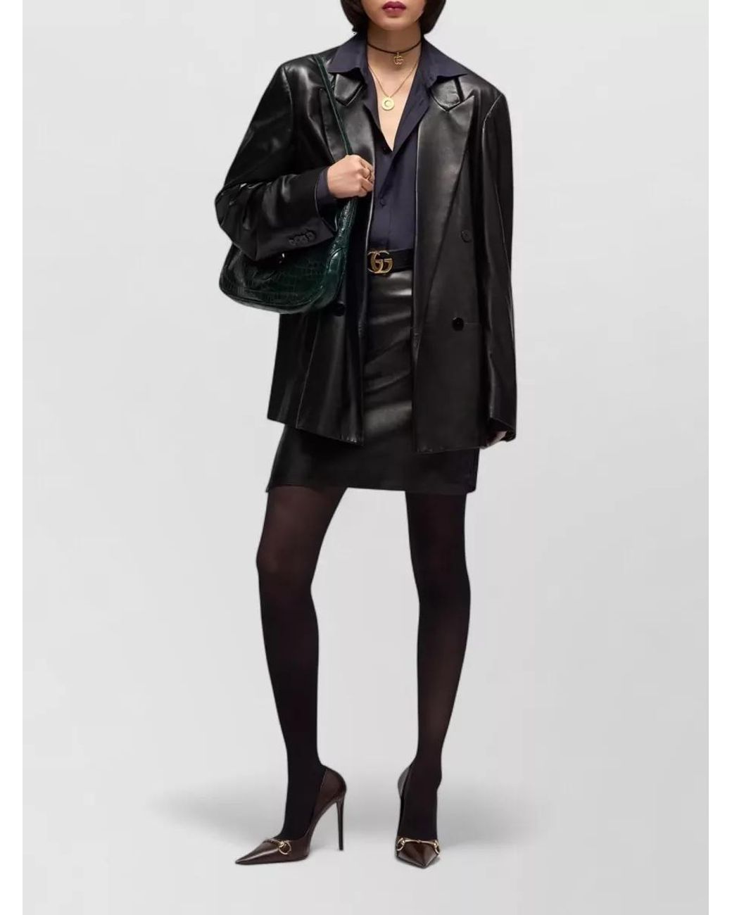 Gucci Black Leather Oversized Double-Breasted Blazer