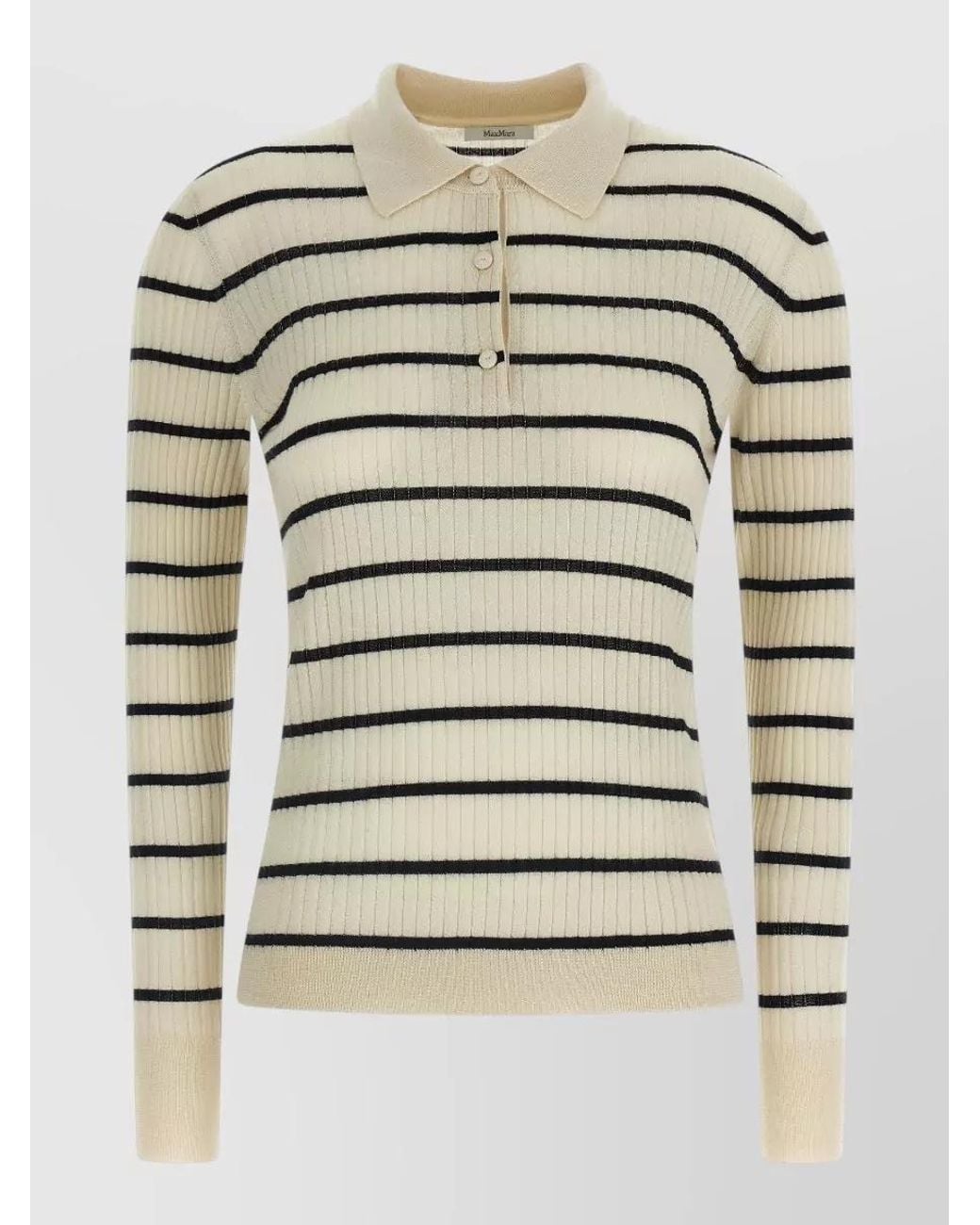 Max Mara Gray Cashmere Silk Ribbed Striped Long-Sleeve Polo Top