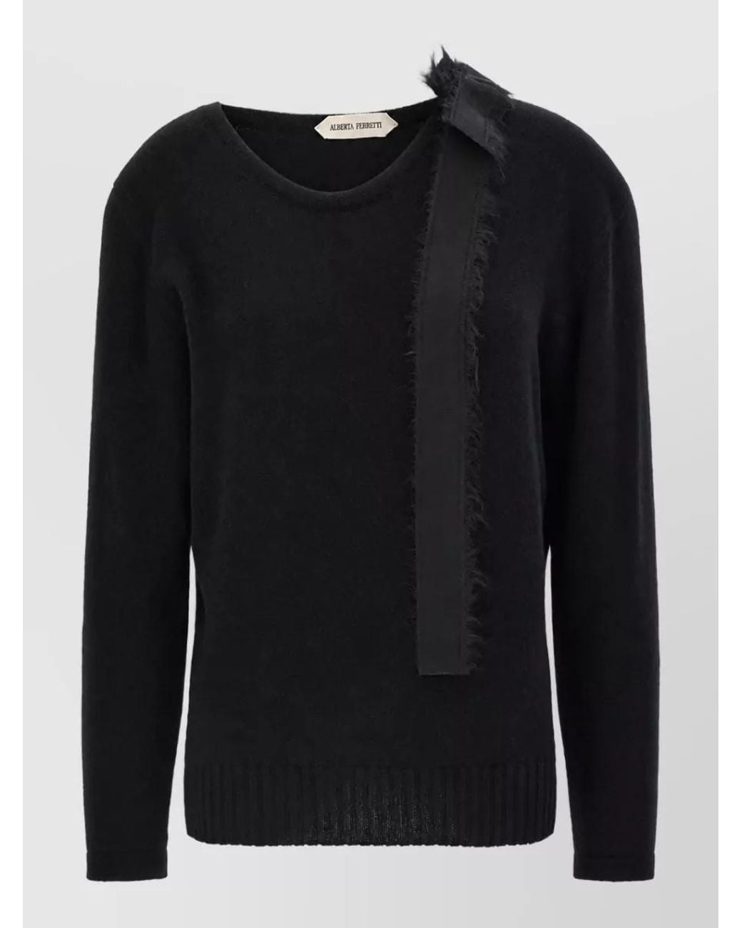 Alberta Ferretti Black Cashmere Ribbed Crew-Neck Long-Sleeve Bow Sweater