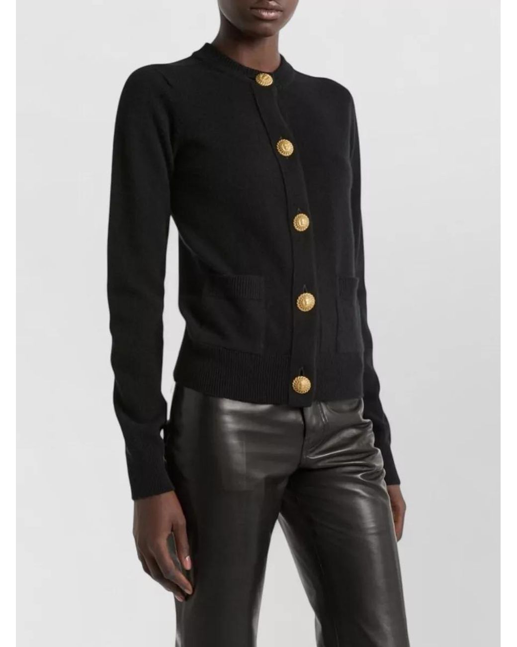 Balmain Black Cashmere Wool Ribbed-Knit Round-Neck Cardigan
