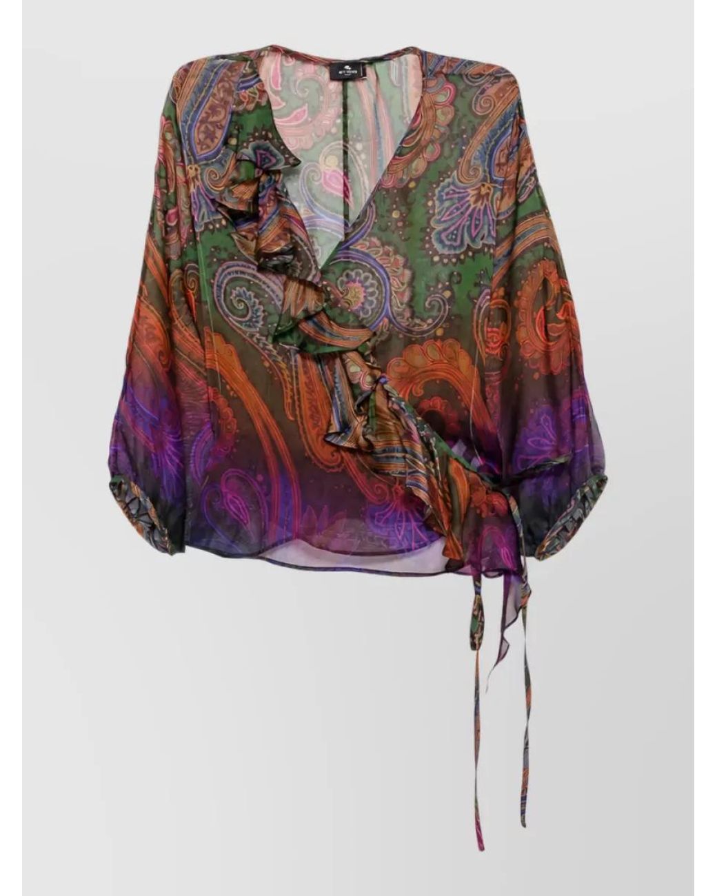 Etro Multicolor Silk Paisley-Print Wrap Ruffled V-Neck Short-Sleeve Blouse
