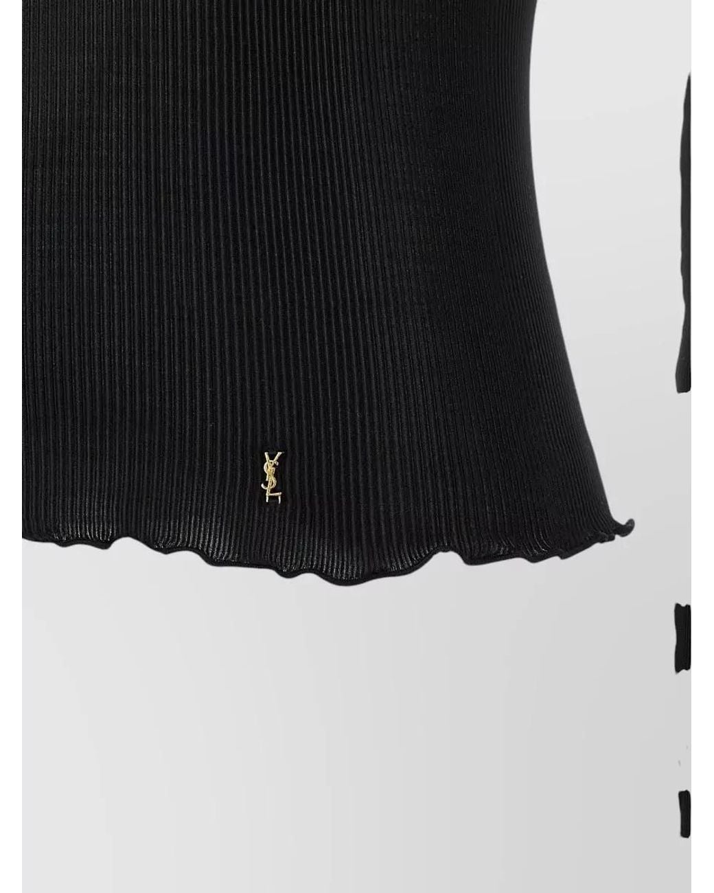 Saint Laurent Black Silk Ribbed V-Neck Long-Sleeve Top