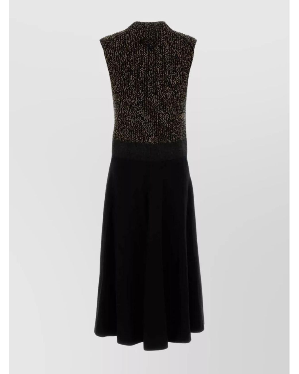 Prada Black Wool Cashmere Relaxed-Fit Ribbed Crew-Neck Flared Midi Dress
