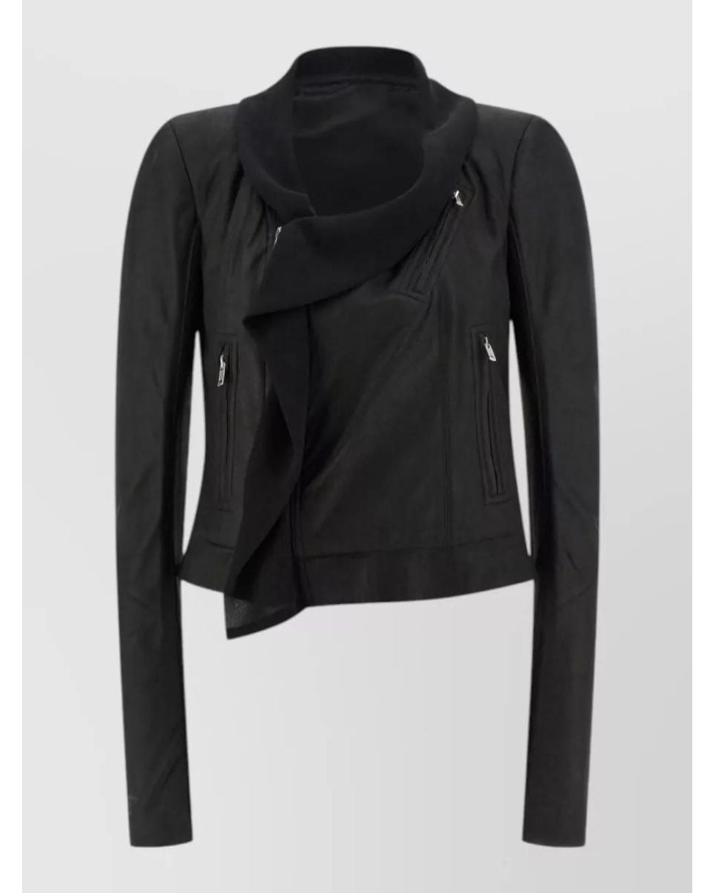 Rick Owens Black Leather Asymmetric Zip Fitted Jacket