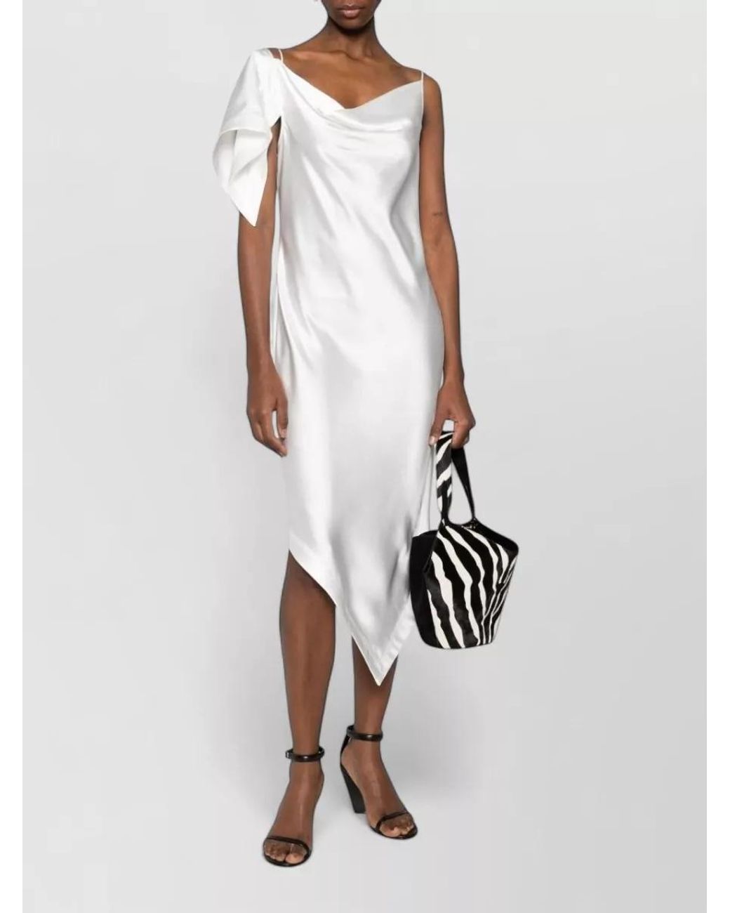 IRO White Draped Asymmetric Cowl Neck Spaghetti Strap Midi Dress