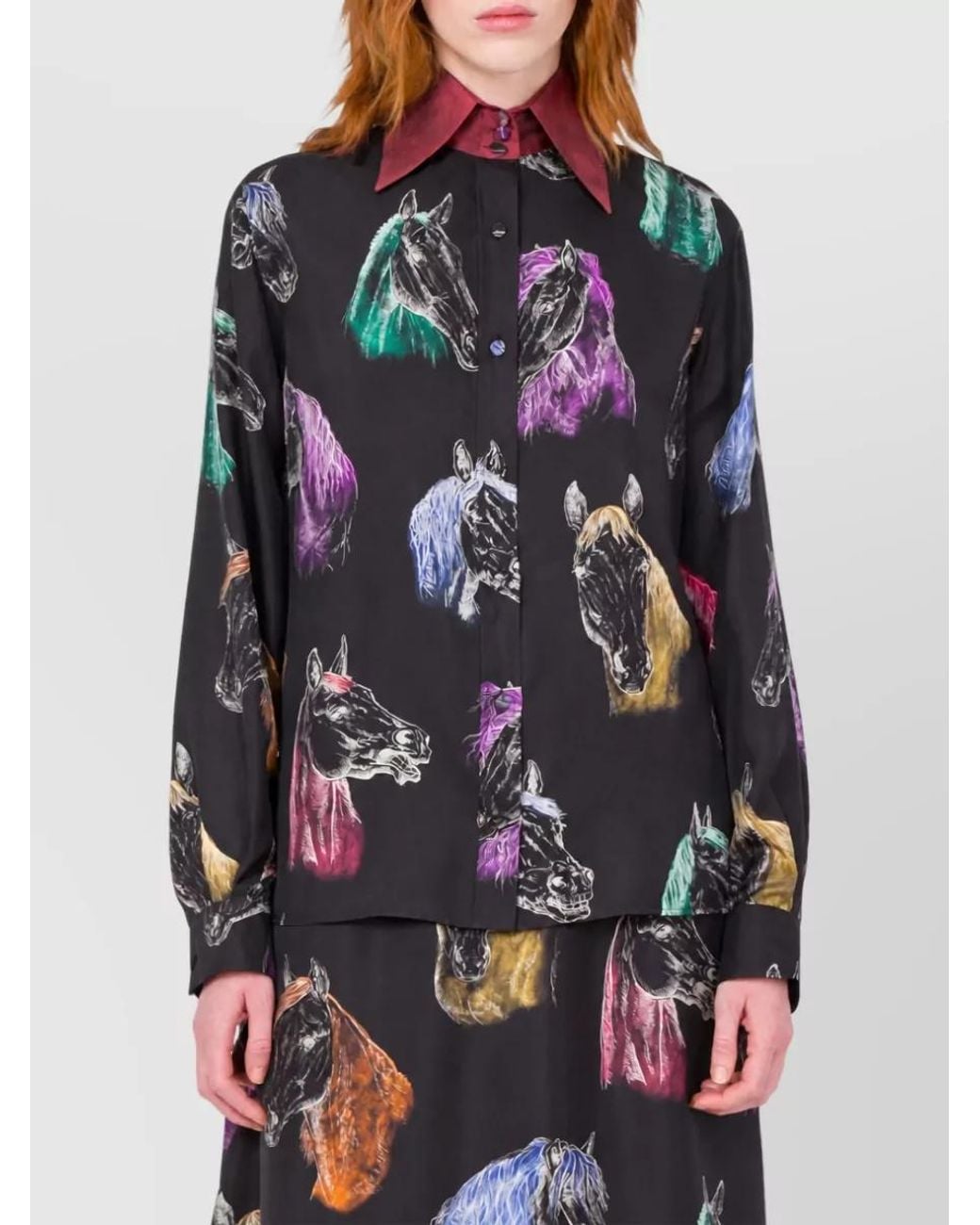 Moschino Multicolor Silk Horse Print Long-Sleeve Shirt