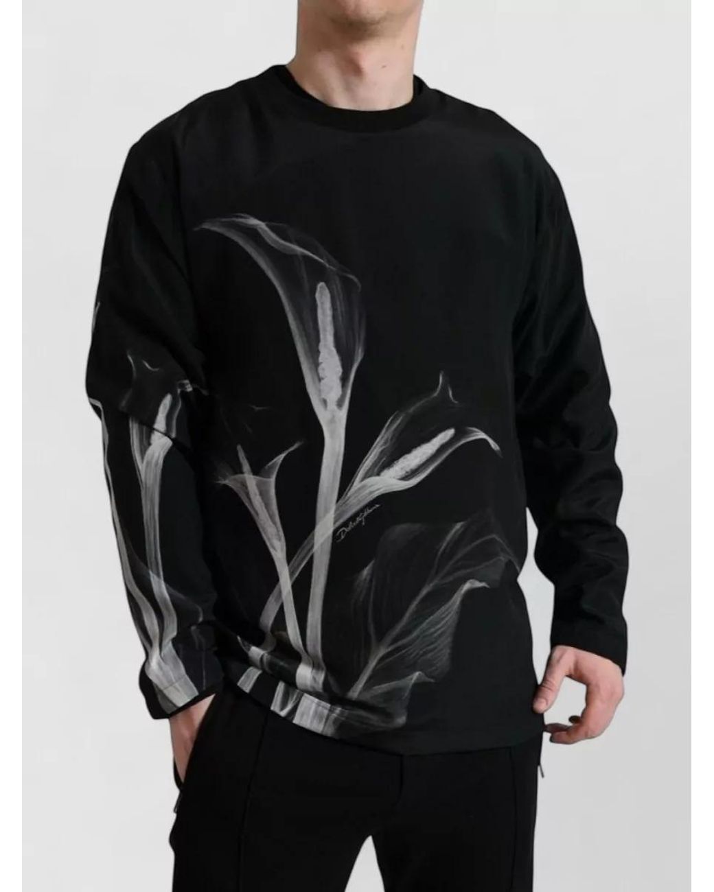 Dolce & Gabbana Black Silk Floral Print Crewneck Sweatshirt for men