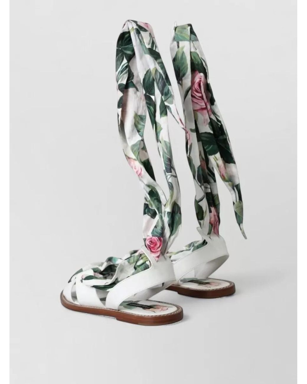 Dolce & Gabbana White Leather Floral-Print Ankle-Wrap Sandals
