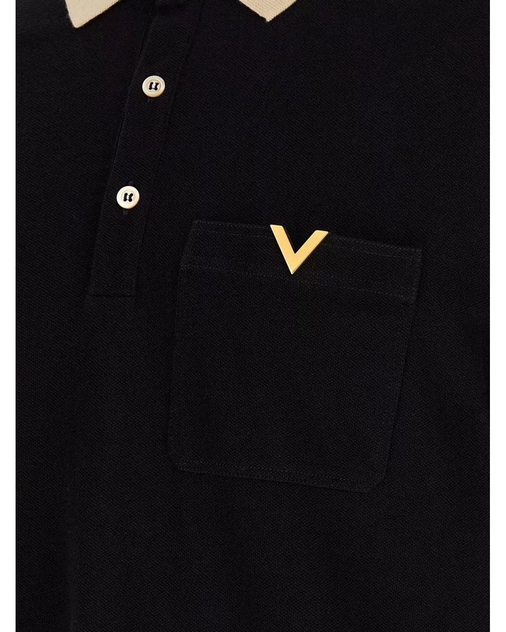 Valentino Garavani Black Cotton Short-Sleeve Piqué Polo Shirt for men