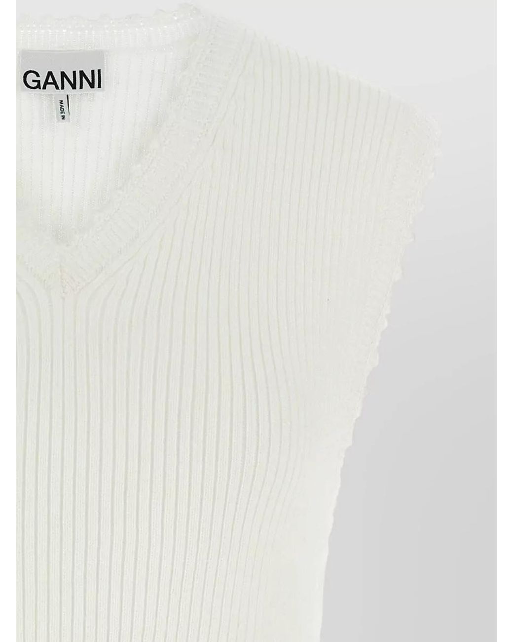 Ganni White Ribbed V-Neck Cotton Crochet Vest
