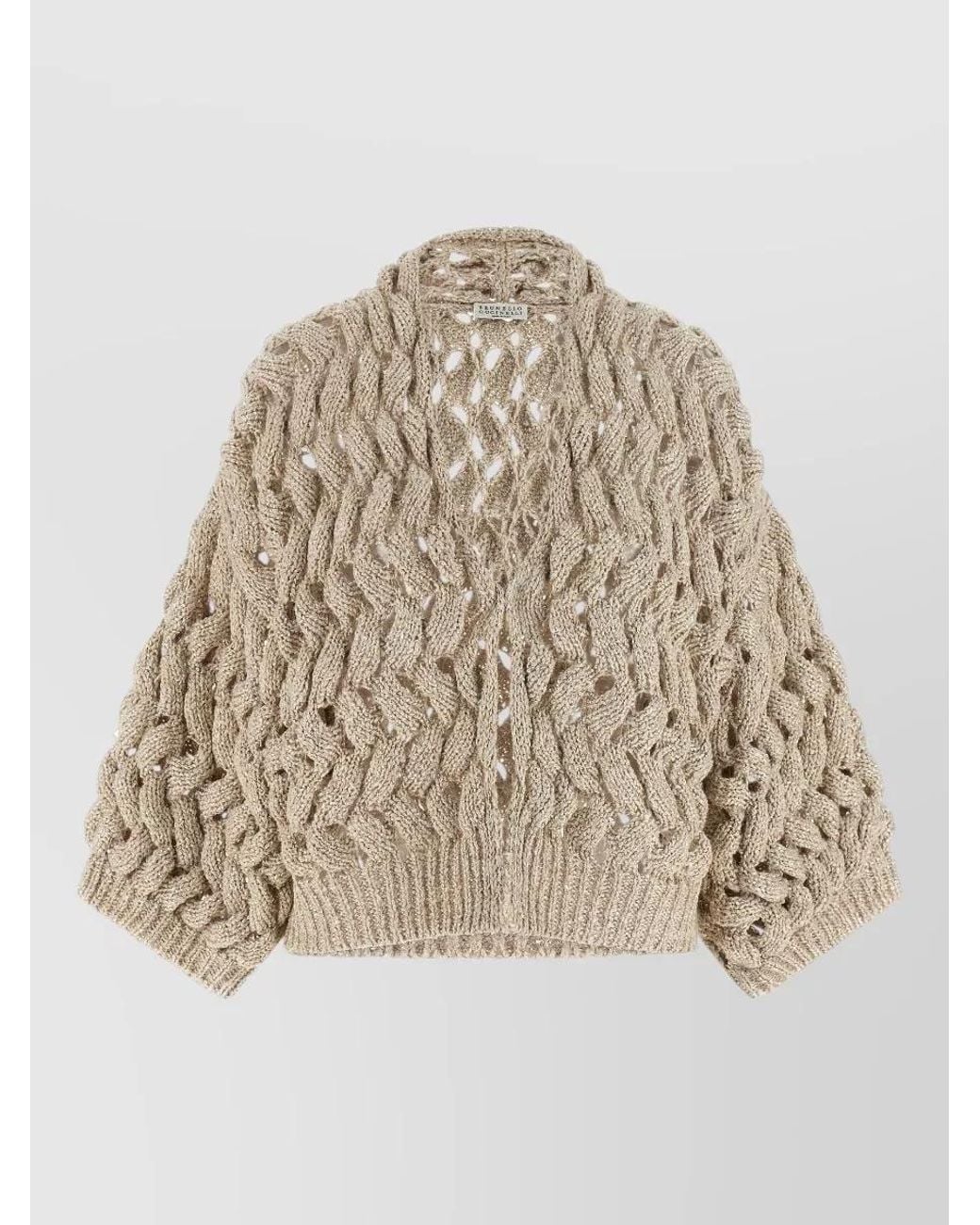 Brunello Cucinelli Natural Silk Linen Openwork Sequin Cropped V-Neck Cardigan