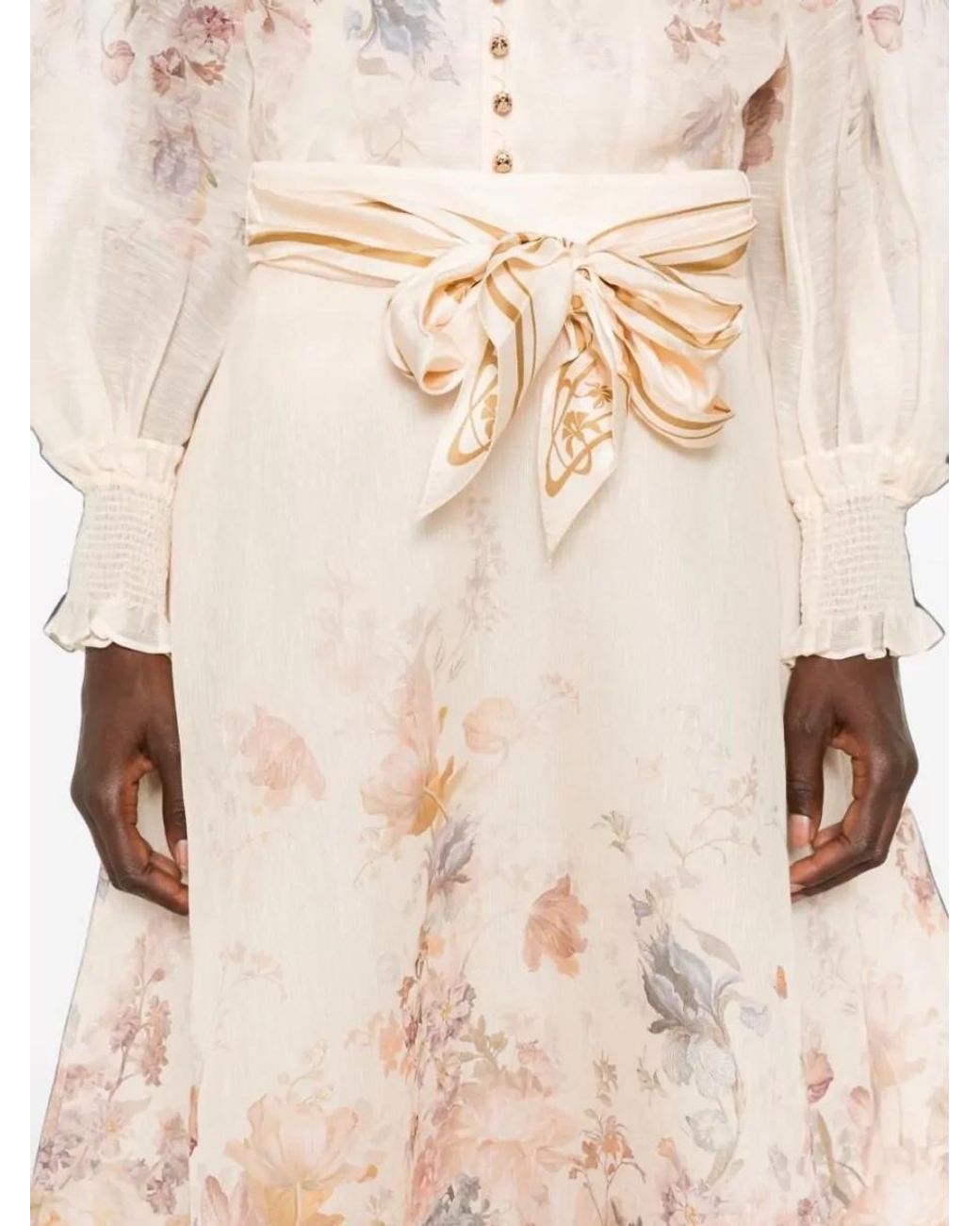 Zimmermann Natural Linen And Silk Floral Print High Waisted A Line Midi Skirt