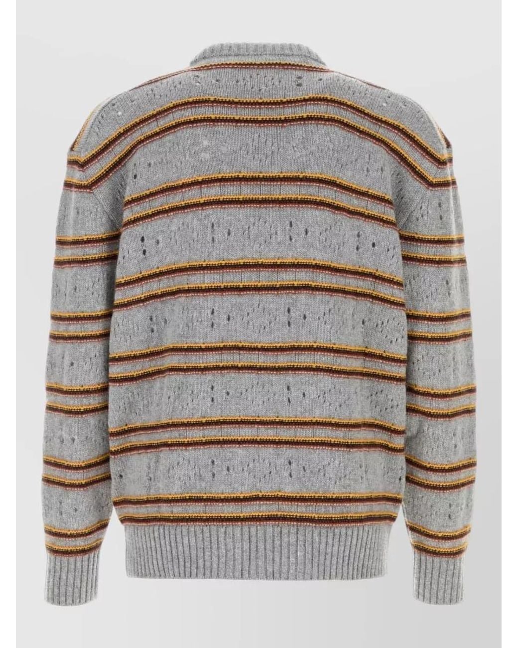 Marni Gray Cashmere Open Knit Striped Crew Neck Long Sleeve Sweater for men