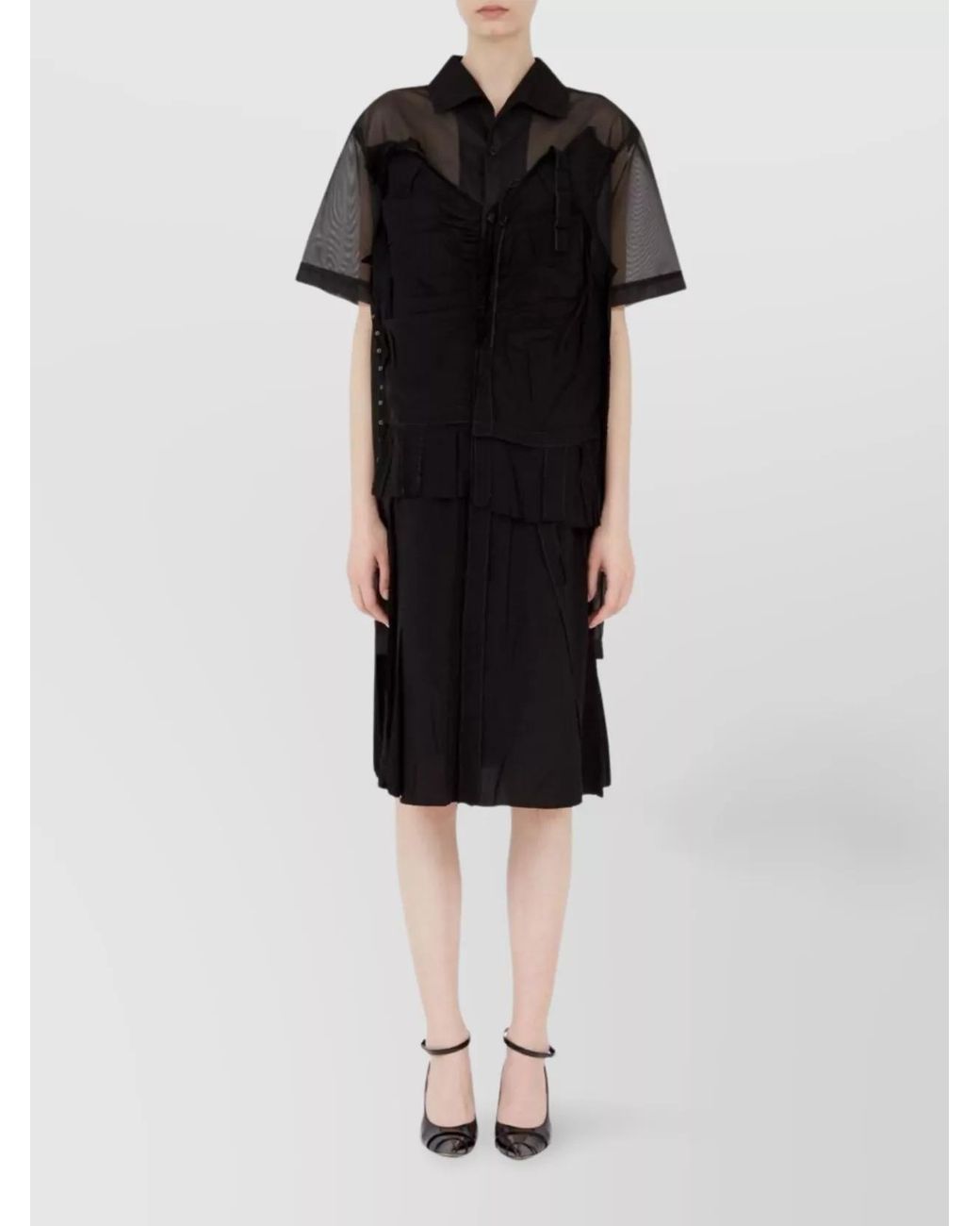 Maison Margiela Black Layered Sheer Mesh Short-Sleeve Midi Shirt Dress