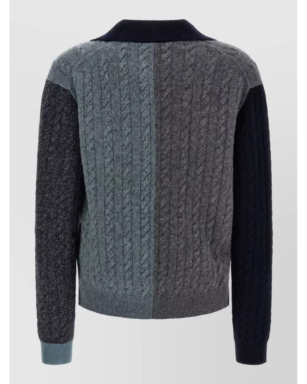 Ferragamo Black Virgin Wool Color Block Cable-Knit V-Neck Polo Sweater