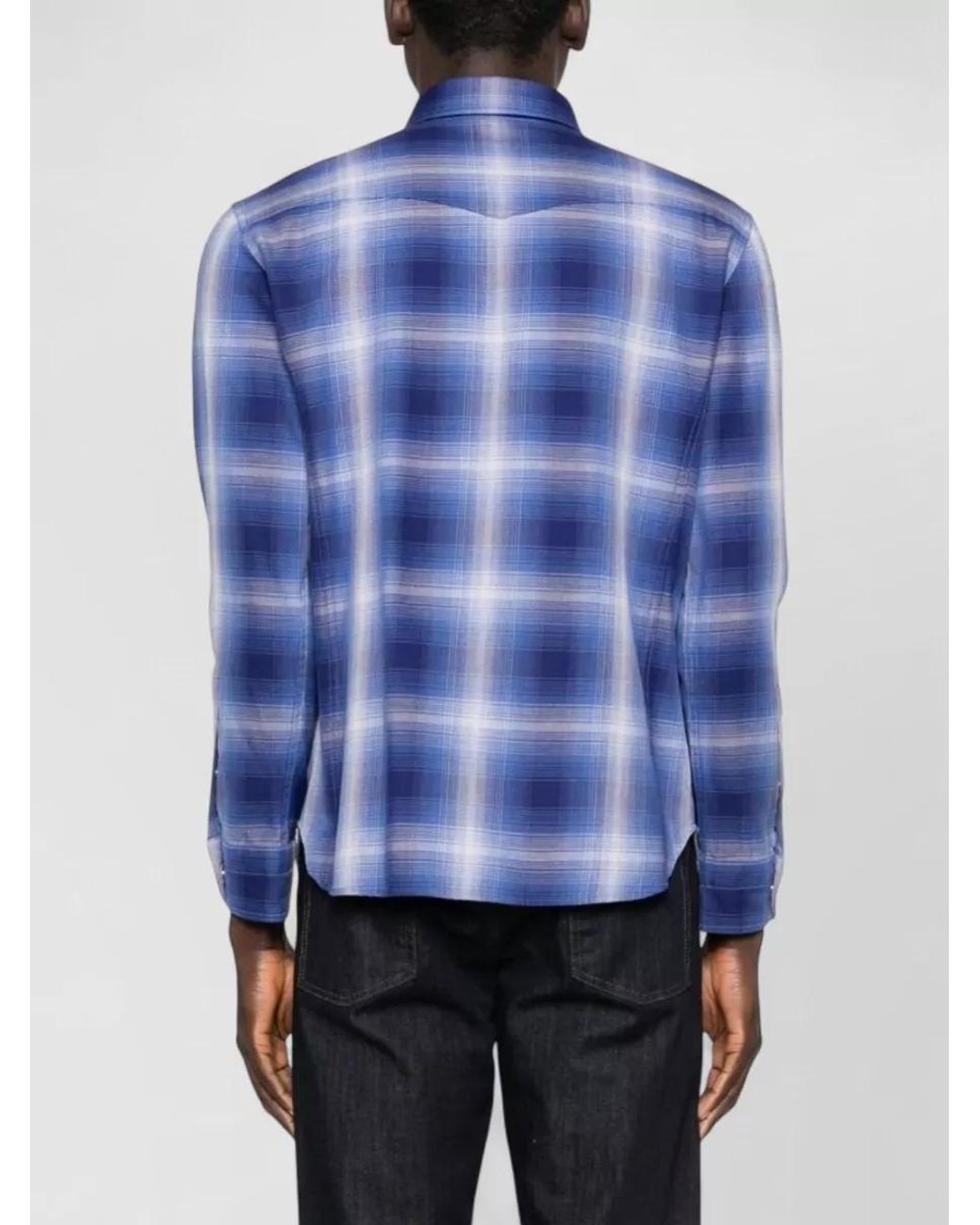 Tom Ford Blue Cotton Checked Slim-Fit Western Shirt for men