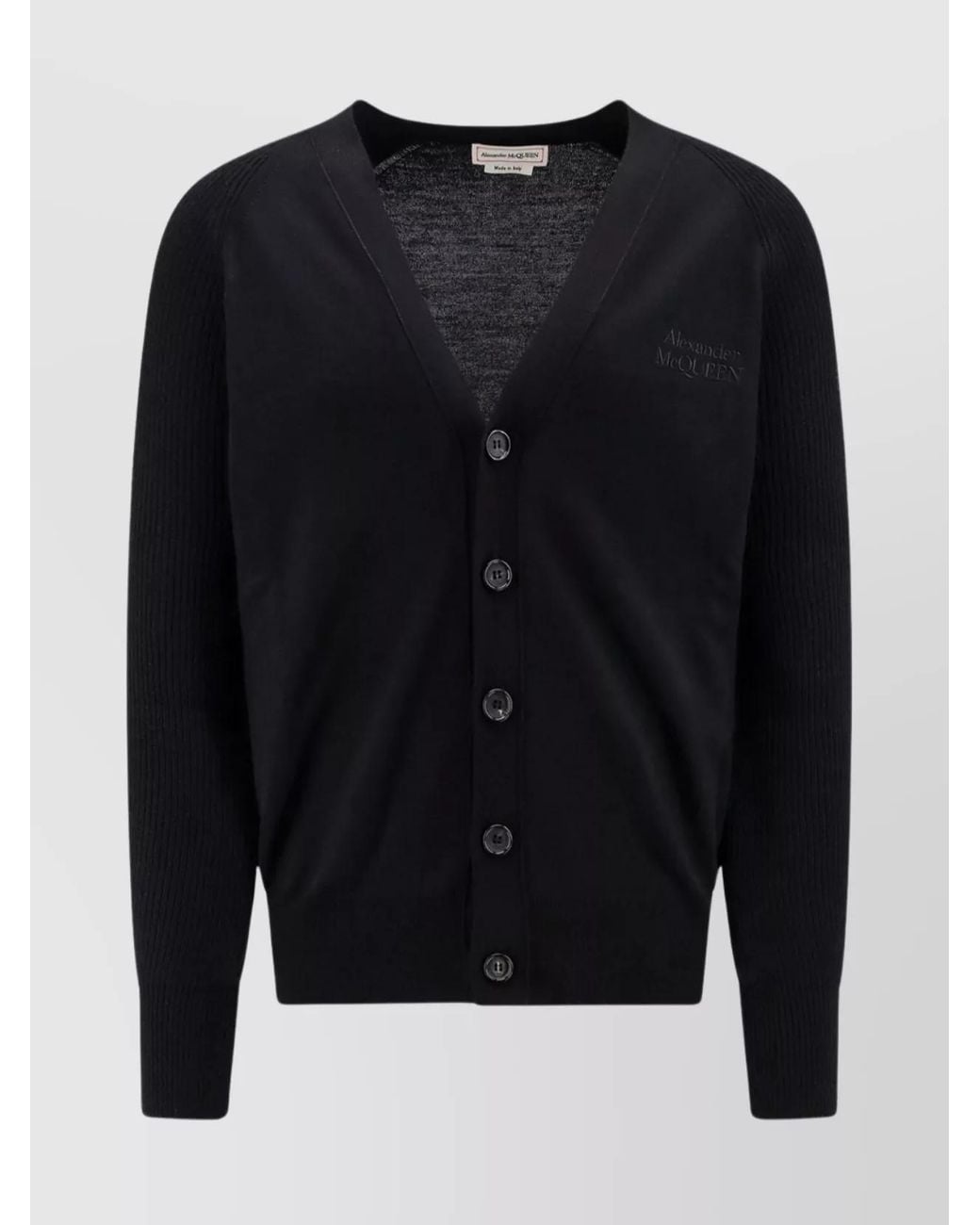 McQueen Blue Ribbed V-Neck Wool Cardigan for men