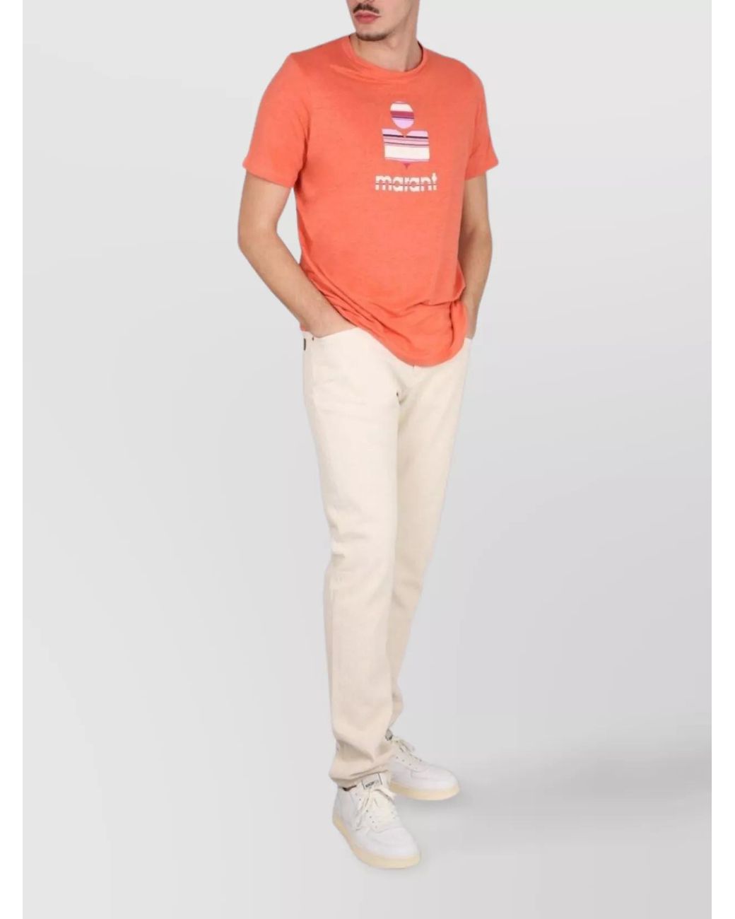 Isabel Marant Orange Linen Logo Print T-Shirt for men
