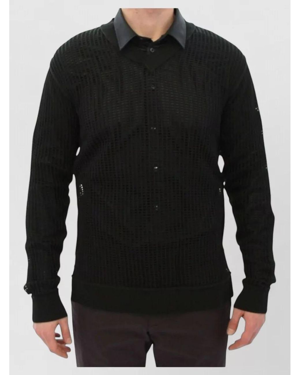 Dolce & Gabbana Black Cotton Mesh V-Neck Long-Sleeve Sweater for men