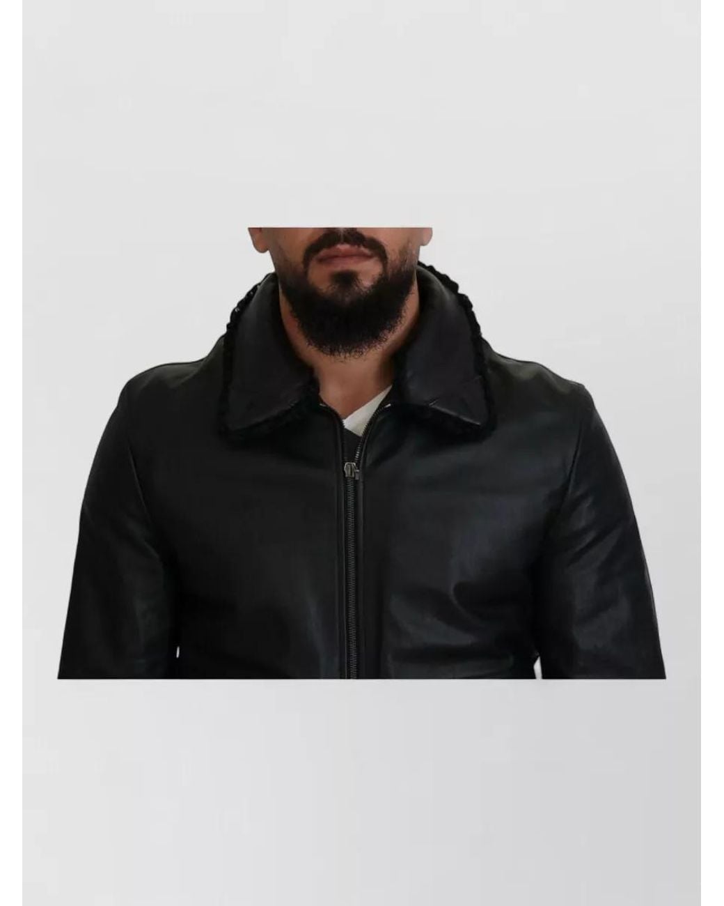 Dolce & Gabbana Black Lambskin Leather Shearling Collar Bomber Jacket for men