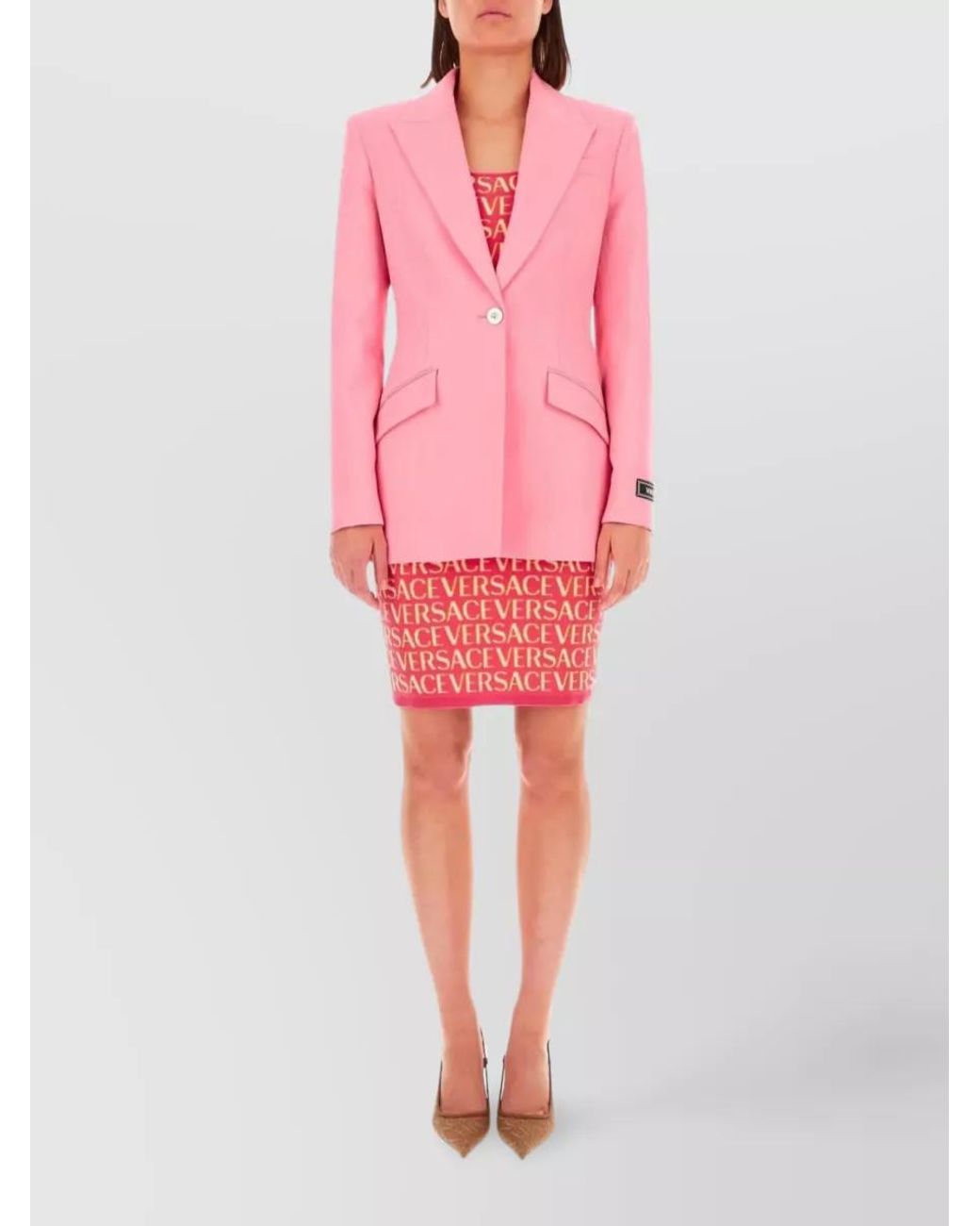 Versace Pink Wool Logo-Jacquard Single-Breasted Blazer
